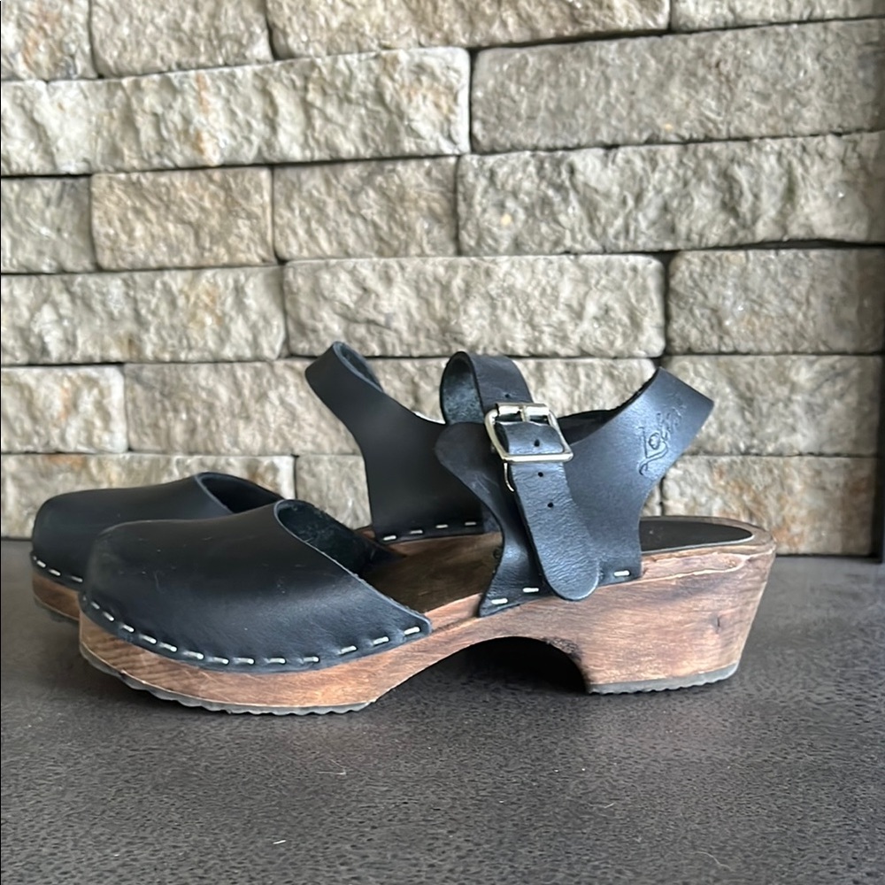 Black Leather Mules with Wooden Soles